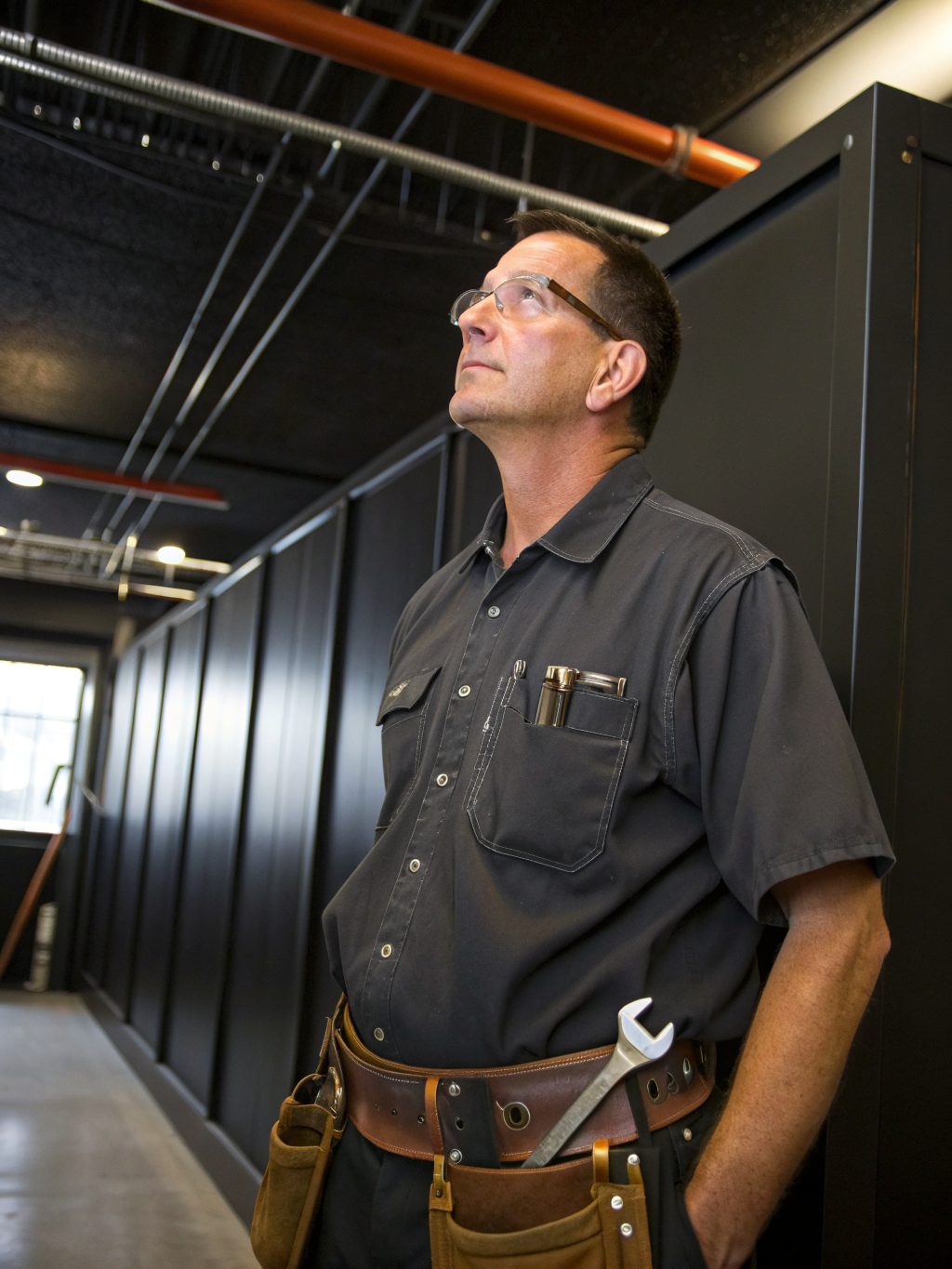 Professional UK tradesperson working in a warm workshop environment